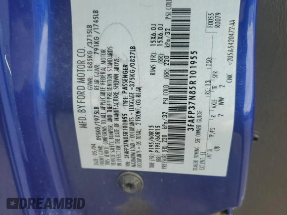 2005 Ford Focus S with VIN 3FAFP37N85R101955, listed as a Copart auction lot 53199895 with 135,984 mi miles and Salvage Title. Bid and sale history available at carsss.com. Image 12.