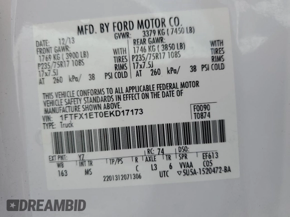 2014 Ford F-150 XL with VIN 1FTFX1ET0EKD17173, listed as a Copart auction lot 59056345 with 185,804 mi miles and Salvage title. Bid and sale history available at DreamBid. Image 12.