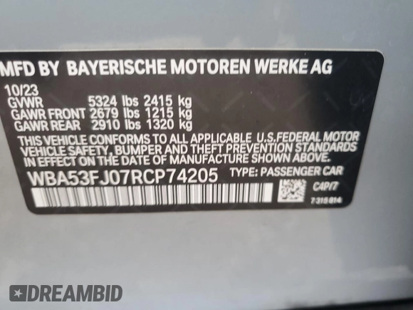 2024 BMW 5 Series 530i xDrive with VIN WBA53FJ07RCP74205, listed as a Copart auction lot 78215114 with 7,688 mi miles and Salvage Title. Bid and sale history available at carsss.com. Image 12.