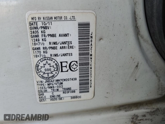 2012 Nissan Murano SV with VIN JN8AZ1MW7CW207439, listed as a Copart auction lot 55770435 with 208,782 mi miles and Salvage Title. Bid and sale history available at carsss.com. Image 13.