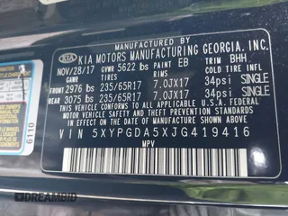2018 Kia Sorento LX V6 with VIN 5XYPGDA5XJG419416, listed as a IAAI auction lot 41650650 with 95,897 mi miles. Bid and sale history available at carsss.com. Image 9.