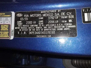 2019 Kia Forte S with VIN 3KPF34AD1KE078193, listed as a IAAI auction lot 41508363 with 81,725 mi miles. Bid and sale history available at carsss.com. Image 9.