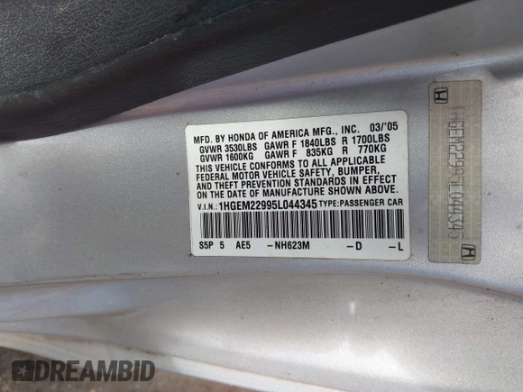 2005 Honda Civic EX with VIN 1HGEM22995L044345, listed as a IAAI auction lot 42249055 with 294,152 mi miles and . Bid and sale history available at DreamBid. Image 9.
