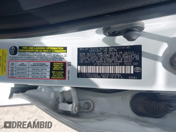 2019 Toyota Camry XSE с VIN 4T1BZ1HK6KU032078, выставлен на аукционе IAAI как лот 42037704 с пробегом 136 935 миль миль и . История ставок и продаж доступна на DreamBid. Изображение 9.