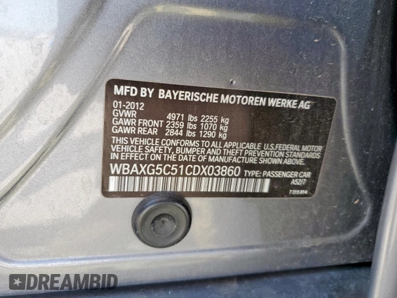 2012 BMW 5 Series 528i with VIN WBAXG5C51CDX03860, listed as a Copart auction lot 51464415 with 131,006 mi miles and Salvage Title. Bid and sale history available at carsss.com. Image 12.