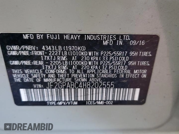 2017 Subaru Crosstrek Premium with VIN JF2GPABC4H8202555, listed as a Copart auction lot 64936555 with 116,702 mi miles and Salvage title. Bid and sale history available at DreamBid. Image 12.
