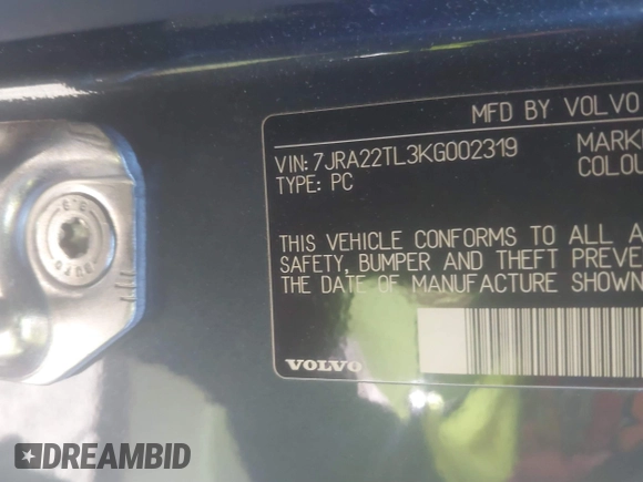2019 Volvo S60 Inscription with VIN 7JRA22TL3KG002319, listed as a IAAI auction lot 40992140 with 44,095 mi miles. Bid and sale history available at carsss.com. Image 9.