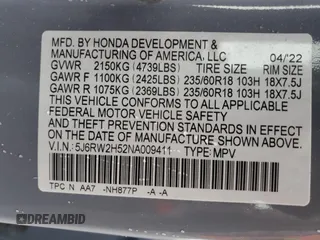 2022 Honda CR-V EX z VIN 5J6RW2H52NA009411, wystawiony jako Copart lot #52575195 z przebiegiem 20 511 mil mil oraz Szkoda całkowita • Salvage title. Historia ofert i sprzedaży dostępna na DreamBid. Obrazek 15.