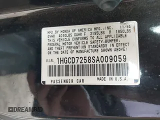 1995 Honda Accord EX with VIN 1HGCD7258SA009059, listed as a IAAI auction lot 42031725 with 198,195 mi miles and . Bid and sale history available at carsss.com. Image 9.