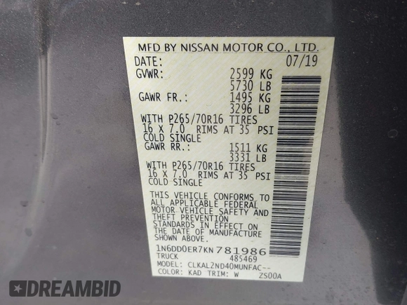 2019 Nissan Frontier SV with VIN 1N6DD0ER7KN781986, listed as a IAAI auction lot 42131724 with 120,535 mi miles and . Bid and sale history available at DreamBid. Image 9.