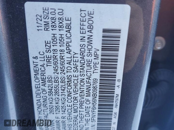 2022 Honda Pilot EX-L with VIN 5FNYF6H56NB098769, listed as a Copart auction lot 46167185 with 60,743 mi miles and Non repairable. Bid and sale history available at DreamBid. Image 13.