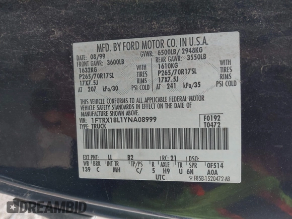 2000 Ford F-150 XL with VIN 1FTRX18L1YNA08999, listed as a IAAI auction lot 41988747 with 214,201 mi miles. Bid and sale history available at carsss.com. Image 9.