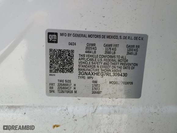 2024 Chevrolet Equinox LS with VIN 3GNAXHEG7RL309430, listed as a Copart auction lot 51530905 with 12,078 mi miles and Salvage Title. Bid and sale history available at carsss.com. Image 12.