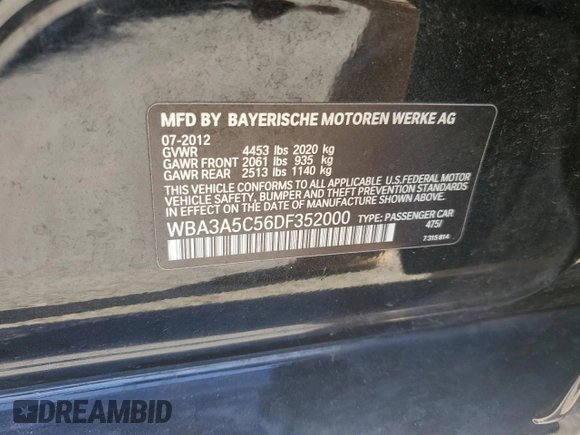 2013 BMW 3 Series 328i with VIN WBA3A5C56DF352000, listed as a Copart auction lot 52206915 with 151,061 mi miles and Salvage title. Bid and sale history available at DreamBid. Image 12.