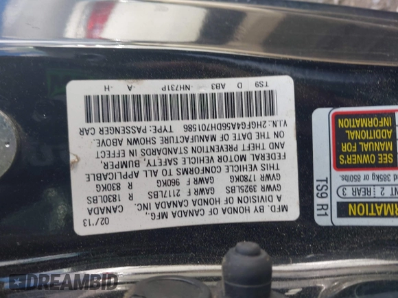2013 Honda Civic Si with VIN 2HGFG4A56DH701586, listed as a IAAI auction lot 42187694 with 133,936 mi miles and . Bid and sale history available at DreamBid. Image 9.