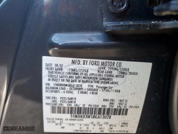 2008 Ford Taurus X Limited with VIN 1FMDK03W58GA13028, listed as a Copart auction lot 87697525 with 155,938 mi miles and Salvage Title. Bid and sale history available at carsss.com. Image 13.