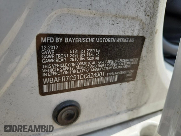 2013 BMW 5 Series 535i with VIN WBAFR7C51DC824901, listed as a Copart auction lot 65651525 with 112,940 mi miles and Clean title. Bid and sale history available at DreamBid. Image 12.