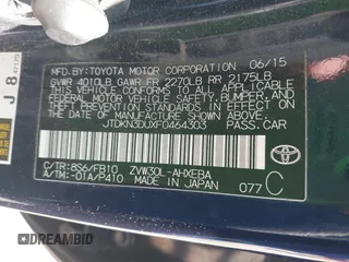 2015 Toyota Prius Four with VIN JTDKN3DUXF0464303, listed as a IAAI auction lot 41939905 with 154,075 mi miles. Bid and sale history available at carsss.com. Image 9.