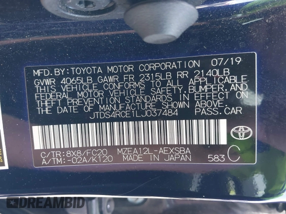2020 Toyota Corolla SE with VIN JTDS4RCE1LJ037484, listed as a IAAI auction lot 41913470 with 37,009 mi miles and . Bid and sale history available at DreamBid. Image 9.