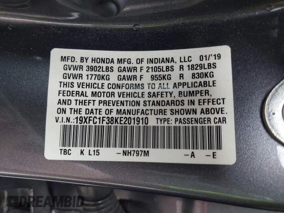 2019 Honda Civic Sedan EX with VIN 19XFC1F38KE201910, listed as a IAAI auction lot 41892284 with 319,049 mi miles. Bid and sale history available at carsss.com. Image 9.