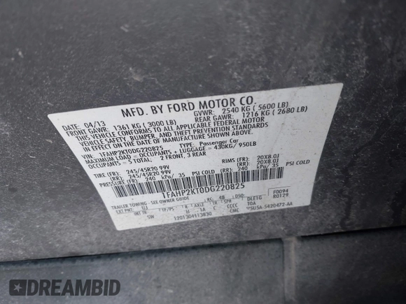 2013 Ford Taurus SHO с VIN 1FAHP2KT0DG220825, выставлен на аукционе IAAI как лот 41851095 с пробегом 163 797 миль миль и . История ставок и продаж доступна на DreamBid. Изображение 9.