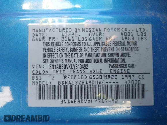 2020 Nissan Sentra SR with VIN 3N1AB8DVXLY313492, listed as a IAAI auction lot 41682275 with 33,024 mi miles and . Bid and sale history available at DreamBid. Image 9.