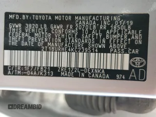 2019 Toyota Corolla L with VIN 2T1BURHE4KC239514, listed as a Copart auction lot 63378045 with 109,956 mi miles and Salvage title. Bid and sale history available at DreamBid. Image 12.