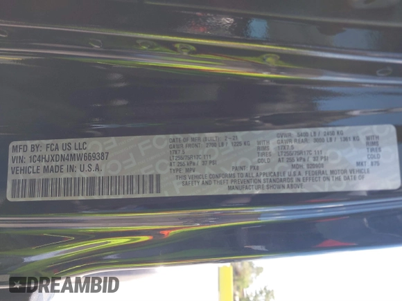 2021 Jeep Wrangler Unlimited Sport S with VIN 1C4HJXDN4MW669387, listed as a IAAI auction lot 41889814 with 17,333 mi miles and . Bid and sale history available at DreamBid. Image 9.
