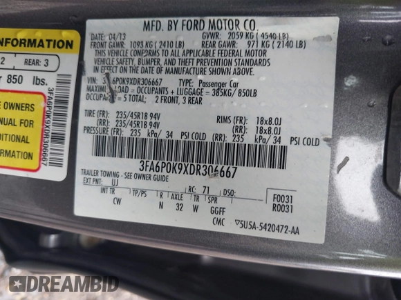 2013 Ford Fusion Titanium с VIN 3FA6P0K9XDR306667, выставлен на аукционе IAAI как лот 42681118 с пробегом 200 301 миль миль и . История ставок и продаж доступна на DreamBid. Изображение 9.