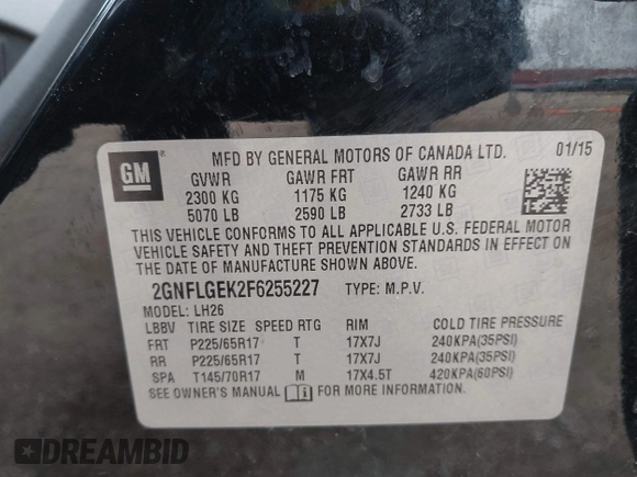 2015 Chevrolet Equinox LT with VIN 2GNFLGEK2F6255227, listed as a IAAI auction lot 41957697 with 152,814 mi miles. Bid and sale history available at carsss.com. Image 9.