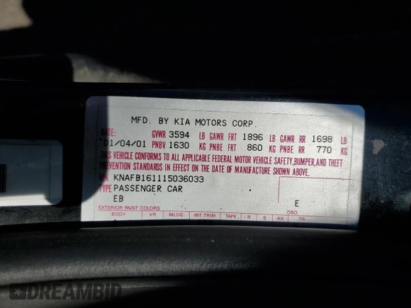 2001 Kia Spectra GS z VIN KNAFB161115036033, wystawiony jako Copart lot #55939335 z przebiegiem 76 414 mil mil oraz Szkoda całkowita • Salvage title. Historia ofert i sprzedaży dostępna na DreamBid. Obrazek 12.