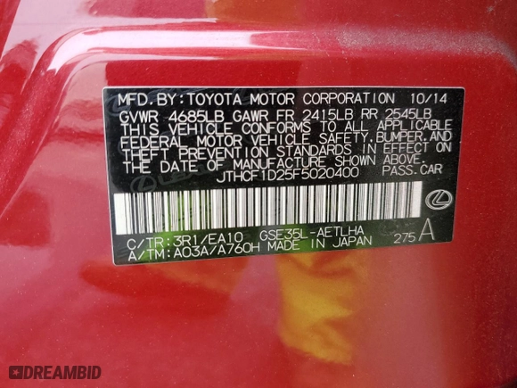 2015 Lexus IS 250 with VIN JTHCF1D25F5020400, listed as a Copart auction lot 61239274 with 91086 miles and Salvage Title. Bid and sale history available at carsss.com. Image 13.