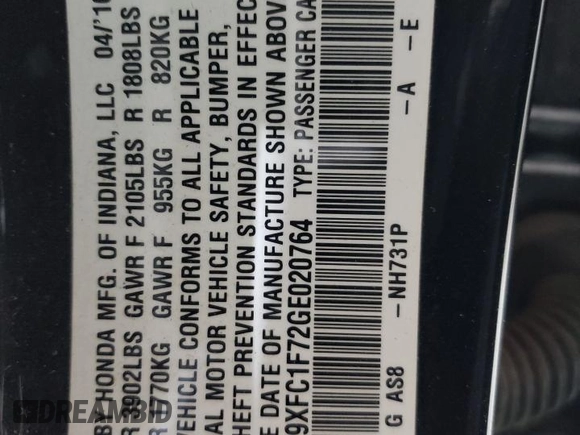 2016 Honda Civic EX-L with VIN 19XFC1F72GE020764, listed as a Copart auction lot 49621775 with Not provided miles and Salvage title. Bid and sale history available at DreamBid. Image 15.
