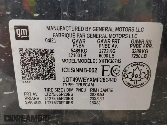 2021 GMC Sierra 3500HD Denali z VIN 1GT49WEYXMF261440, wystawiony jako Copart lot #43560575 z przebiegiem 83 839 mil mil oraz Szkoda całkowita • Salvage title. Historia ofert i sprzedaży dostępna na DreamBid. Obrazek 12.