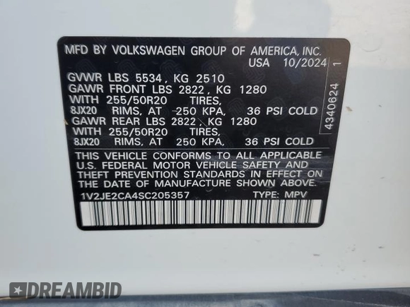 2025 Volkswagen Atlas SE z VIN 1V2JE2CA4SC205357, wystawiony jako Copart lot #51688695 z przebiegiem 4 355 mil mil oraz Szkoda całkowita • Salvage title. Historia ofert i sprzedaży dostępna na DreamBid. Obrazek 14.