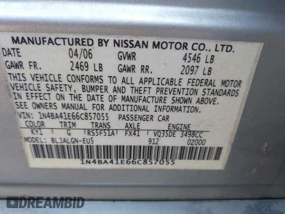 2006 Nissan Maxima 3.5 SE with VIN 1N4BA41E66C857055, listed as a IAAI auction lot 41748796 with 180,523 mi miles. Bid and sale history available at carsss.com. Image 9.