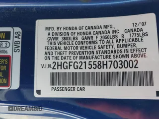2008 Honda Civic Cpe Si with VIN 2HGFG21558H703002, listed as a IAAI auction lot 41939750 with 155,156 mi miles. Bid and sale history available at carsss.com. Image 9.