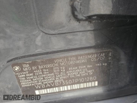 2007 BMW 3 Series 335i with VIN WBAVB73507P101280, listed as a Copart auction lot 72637104 with 126,310 mi miles and Salvage title. Bid and sale history available at DreamBid. Image 12.