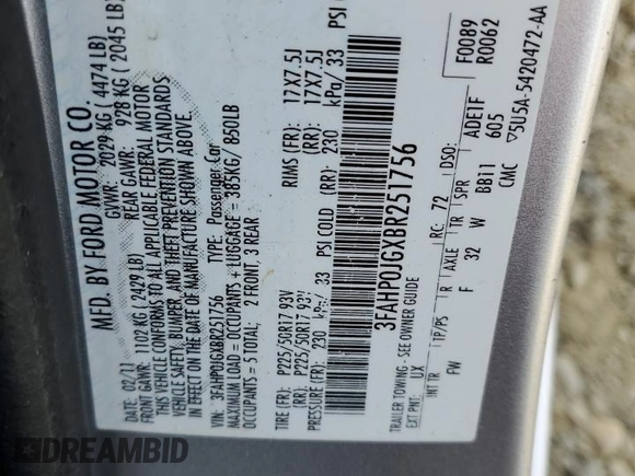 2011 Ford Fusion SEL with VIN 3FAHP0JGXBR251756, listed as a Copart auction lot 53388335 with 138,590 mi miles and Salvage Title. Bid and sale history available at carsss.com. Image 12.