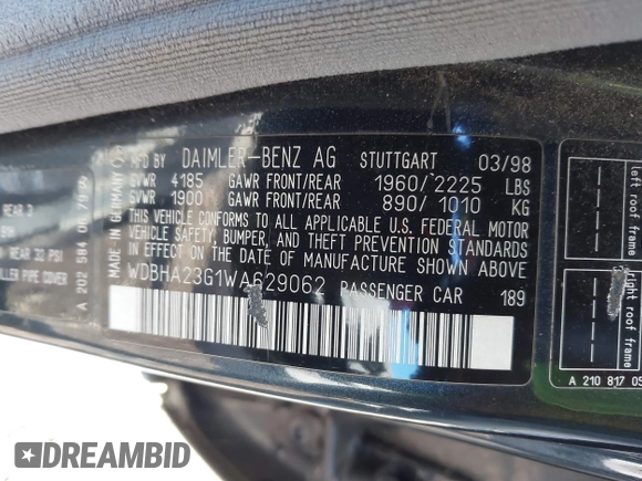 1998 Mercedes-Benz C 230/260/280/320 with VIN WDBHA23G1WA629062, listed as a IAAI auction lot 41562213 with 99,315 mi miles and . Bid and sale history available at carsss.com. Image 9.