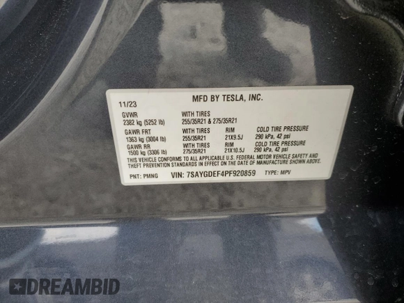 2023 Tesla Model Y Performance with VIN 7SAYGDEF4PF920859, listed as a Copart auction lot 89136705 with 8,148 mi miles and Salvage Title. Bid and sale history available at DreamBid. Image 13.