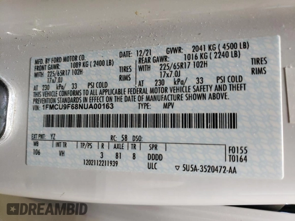 2022 Ford Escape S with VIN 1FMCU9F68NUA00163, listed as a Copart auction lot 48423955 with 97,450 mi miles and Salvage title. Bid and sale history available at DreamBid. Image 13.
