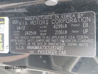 2012 Kia Optima LX with VIN KNAGM4A73C5287487, listed as a IAAI auction lot 42176012 with 233,460 mi miles and . Bid and sale history available at carsss.com. Image 9.