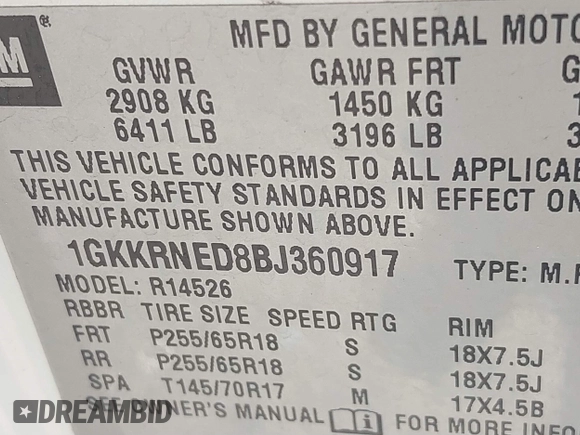 2011 GMC Acadia SL with VIN 1GKKRNED8BJ360917, listed as a IAAI auction lot 41785167 with 123,530 mi miles and . Bid and sale history available at DreamBid. Image 9.
