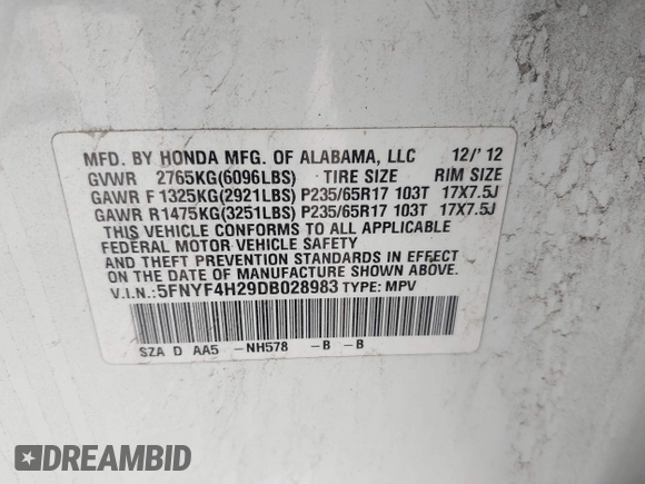 2013 Honda Pilot LX with VIN 5FNYF4H29DB028983, listed as a IAAI auction lot 42562971 with 150,207 mi miles and . Bid and sale history available at DreamBid. Image 9.