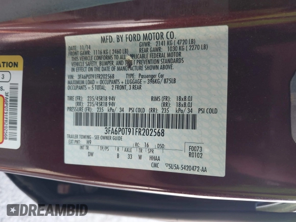 2015 Ford Fusion SE z VIN 3FA6P0T91FR202568, wystawiony jako IAAI lot #42596108 z przebiegiem 134 829 mil mil oraz . Historia ofert i sprzedaży dostępna na DreamBid. Obrazek 9.