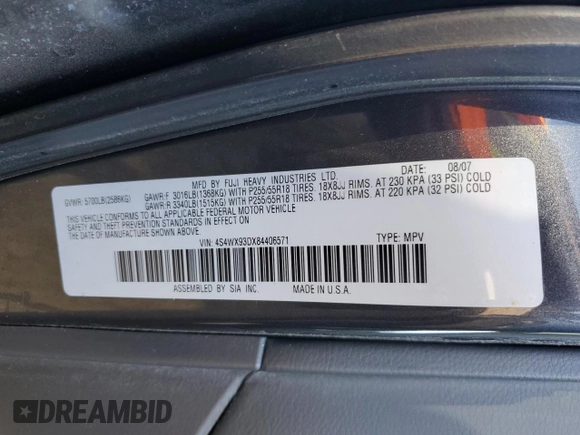 2008 Subaru Tribeca Limited с VIN 4S4WX93DX84406571, выставлен на аукционе Copart как лот 61845465 с пробегом Не указан миль и Чистый • Clean title. История ставок и продаж доступна на DreamBid. Изображение 13.