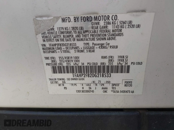 2013 Ford Taurus Limited with VIN 1FAHP2F82DG218533, listed as a IAAI auction lot 41934075 with 172,173 mi miles and . Bid and sale history available at DreamBid. Image 9.