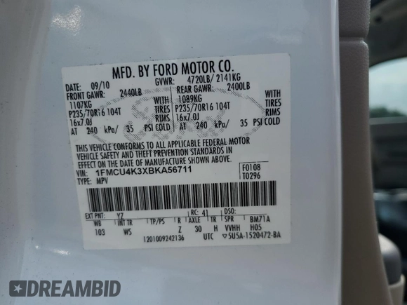 2011 Ford Escape Hybrid with VIN 1FMCU4K3XBKA56711, listed as a Copart auction lot 59789395 with 159,812 mi miles and Salvage title. Bid and sale history available at DreamBid. Image 13.