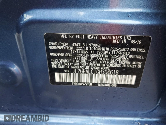 2016 Subaru Crosstrek Limited with VIN JF2GPALC1GH304618, listed as a Copart auction lot 55850045 with 56,597 mi miles and Salvage title. Bid and sale history available at DreamBid. Image 12.